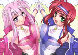 Rule 34 | 2girls, :d, ahoge, amitie florian, asymmetrical docking, blush, breast press, breasts, gloves, green eyes, hair ornament, hairband, highres, jacket, kyrie florian, large breasts, long hair, lyrical nanoha, mahou shoujo lyrical nanoha, mahou shoujo lyrical nanoha a&#039;s, mahou shoujo lyrical nanoha a&#039;s portable: the gears of destiny, md5 mismatch, multiple girls, open mouth, pink hair, purple eyes, red hair, resolution mismatch, sakura ryuuken, siblings, sisters, smile, source smaller