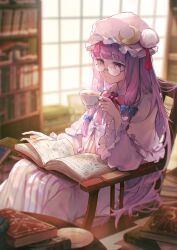 Rule 34 | 1girl, bespectacled, blue bow, book, bookshelf, bow, chair, closed mouth, crescent, crescent hat ornament, cup, dress, frilled sleeves, frills, glasses, hair bow, hat, hat ornament, highres, holding, holding cup, kyusoukyu, long hair, long sleeves, mob cap, open book, patchouli knowledge, purple eyes, purple hair, red bow, round eyewear, sidelocks, sitting, solo, striped clothes, striped dress, touhou, vertical-striped clothes, vertical-striped dress, white hat, wide sleeves