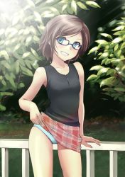 Rule 34 | 1girl, bare shoulders, blue eyes, brown hair, clothes lift, cowboy shot, glasses, grin, highres, lifted by self, masami-san (regdic), miniskirt, original, panties, pantyshot, plaid, plaid skirt, regdic, short hair, skirt, skirt lift, smile, solo, tank top, teasing, tree, underwear, upskirt