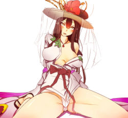 Rule 34 | 1girl, at2., black footwear, blush, breasts, brown eyes, brown hair, flower, highres, kushinada (p&amp;d), large breasts, looking at viewer, parted lips, puzzle &amp; dragons, sandals, sitting, solo, thick thighs, thighs, wariza