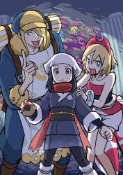 Rule 34 | 1boy, 2girls, akari (pokemon), azelf, bare shoulders, black hair, blonde hair, blue eyes, clenched hand, closed mouth, creatures (company), galaxy expedition team survey corps uniform, game freak, gen 4 pokemon, ginkgo guild uniform, hair between eyes, hat, head scarf, highres, holding, holding poke ball, index finger raised, irida (pokemon), issui (jahn bistand), legendary pokemon, long hair, mesprit, multiple girls, neck ribbon, nintendo, open mouth, poke ball, poke ball (legends), pokemon, pokemon (creature), pokemon legends: arceus, red scarf, ribbon, scarf, short hair, shorts, sweat, twitter username, uxie, volo (pokemon), white shorts