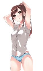 Rule 34 | 1girl, ahoge, armpit peek, arms up, black bow, blue panties, blunt bangs, blush, bow, breasts, brown eyes, brown hair, buttons, collarbone, collared shirt, commentary request, cowboy shot, dress shirt, half updo, head tilt, highres, light smile, lips, long hair, looking at viewer, medium breasts, murabito c, no pants, original, panties, parted lips, ponytail, shirt, short sleeves, sidelocks, simple background, solo, standing, star (symbol), star print, tareme, thighs, tying hair, underwear, white background, white shirt, wing collar