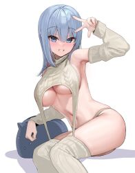 Rule 34 | 1girl, arm up, armpits, bare shoulders, blue eyes, blue hair, breasts, cable knit, commentary request, detached sleeves, garter straps, grin, indie virtual youtuber, kanzarin, kanzarin (vtuber), large breasts, long hair, long sleeves, meme attire, navel, no bra, no pants, panties, pillow, revealing clothes, ribbed sleeves, ribbed thighhighs, simple background, sitting, skindentation, sleeveless, smile, solo, stomach, thighhighs, thighs, underboob, underwear, v, virgin destroyer sweater, virtual youtuber, white background, white panties, white thighhighs