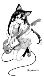 Rule 34 | 1girl, animal ears, blush, breasts, cat ears, character name, greyscale, guitar, hamao, highres, instrument, k-on!, monochrome, nakano azusa, paw print, shoes, simple background, skirt, small breasts, socks, solo, sports bra, twintails, white background