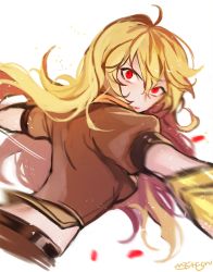 Rule 34 | 1girl, angry, bad id, bad twitter id, blonde hair, commentary request, ecru, punching, red eyes, rwby, solo, yang xiao long