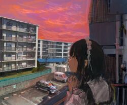 Rule 34 | 1girl, balcony, black hair, bug, building, dress, etpanw, evening, from side, hairband, highres, insect, lolita hairband, long sleeves, looking up, moth, motor vehicle, original, outdoors, own hands together, parking lot, railing, short hair, sky, van