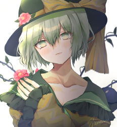 Rule 34 | 1girl, black hat, blouse, blush, bow, closed mouth, expressionless, eyeball, fingernails, flat chest, flower, frills, green eyes, green hair, hair between eyes, hat, hat bow, hat flower, head tilt, highres, komeiji koishi, long sleeves, looking at viewer, pink flower, plant, shiromoru (yozakura rety), shirt, short hair, signature, simple background, solo, third eye, touhou, upper body, vines, white background, wide sleeves, yellow bow, yellow shirt