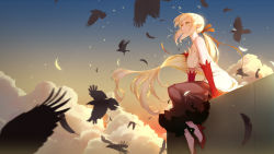 Rule 34 | 1girl, aged up, animal, arm support, bare shoulders, bird, blonde hair, breasts, closed mouth, cloud, dress, eyelashes, feathers, gloves, glowing, high heels, highres, kiss-shot acerola-orion heart-under-blade, light particles, long hair, low ponytail, medium breasts, monogatari (series), motion blur, oshino shinobu, outdoors, pointy ears, red footwear, red gloves, shoes, sidelocks, silhouette, sitting, sky, smile, strapless, strapless dress, tears, twilight, very long hair, wind, wu (4401153), yellow eyes