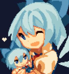 Rule 34 | 1girl, ;d, black background, blue bow, blue hair, bow, cirno, commentary, detached sleeves, english commentary, fumo (doll), hair bow, heart, ice, ice wings, looking at viewer, lowres, one eye closed, open mouth, pixel art, rrrssr, short hair, simple background, smile, solo, touhou, upper body, wings