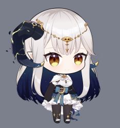Rule 34 | 1girl, azur lane, bad bilibili id, bad id, black gloves, black skirt, brown eyes, chibi, chinese commentary, ciyana, cleavage cutout, clenched hands, clothing cutout, dress, elbow gloves, gloves, grey background, horns, indie virtual youtuber, leggings, light blush, parody, pointy ears, silver hair, skirt, smile, solo, style parody, virtual youtuber, white dress, xiaogu ju