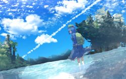 Rule 34 | 1girl, backpack, bad id, bad twitter id, bag, blue eyes, blue footwear, blue hair, boots, cloud, day, green hat, hair bobbles, hair ornament, hat, highres, holding, holding shoes, kawashiro nitori, matching hair/eyes, misaki nonaka, rubber boots, scenery, shoes, short hair, skirt, skirt set, sky, solo, tokin hat, touhou, tree, two side up, unworn boots, water