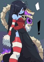 Rule 34 | !, 1boy, 1girl, absurdres, bandaged hand, black hair, black skirt, blue skin, blush, breasts, colored skin, detached sleeves, fire, hair over one eye, highres, large breasts, leviathan (skullgirls), long hair, long sleeves, monster, red eyes, red shirt, red thighhighs, shirt, side slit, skirt, skull, skullgirls, squigly (skullgirls), standing, stitched mouth, stitches, strapless, striped clothes, striped thighhighs, thick thighs, thighhighs, thighs, tony welt, tube top, zombie