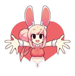 Rule 34 | 1girl, animal ears, blush, breasts, crop top, fiz (fizintine), fizintine, hair bun, hair ribbon, heart, large breasts, looking at viewer, navel, open mouth, original, outstretched arms, pink hair, rabbit ears, rabbit girl, red ribbon, ribbon, short hair, short shorts, shorts, sidelocks, single hair bun, smile, solo, swept bangs, teeth, upper teeth only, white shorts, wrist cuffs