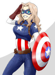 Rule 34 | 10s, 1girl, american flag, bad id, bad pixiv id, belt, blonde hair, blue eyes, blue pants, brown gloves, captain america, captain america (cosplay), cosplay, cowboy shot, domino mask, emblem, flag print, girls und panzer, gloves, grin, hair intakes, highres, holding, jacket, kay (girls und panzer), long hair, long sleeves, looking at viewer, marvel, mask, multicolored clothes, multicolored jacket, pants, salute, shield, smile, solo, standing, star (symbol), striped, two-tone background, utility belt, vertical stripes, yougata