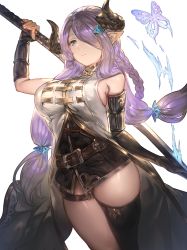 Rule 34 | 10s, 1girl, aos, bare shoulders, black gloves, blue eyes, breasts, demon horns, draph, elbow gloves, female focus, gloves, granblue fantasy, hair over one eye, highres, horns, large breasts, light purple hair, narmaya (granblue fantasy), pointy ears, sideboob, simple background, single thighhigh, solo, thighhighs, white background