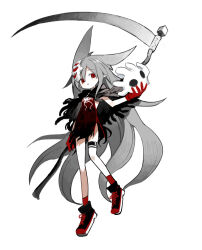 Rule 34 | 1girl, abysmal, animal ears, black capelet, broken mask, capelet, character request, commentary request, creature, extra ears, floating hair, full body, gloves, grey hair, highres, holding, holding creature, holding scythe, kokaki mumose, long hair, mask, mask on head, moneko (null-meta), naked tabard, pointy ears, red eyes, red gloves, red socks, red tabard, reverse grip, scythe, shoes, simple background, sneakers, socks, solo, tabard, thigh strap, very long hair, white background