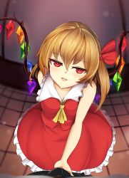 Rule 34 | 1girl, ascot, bare arms, bare shoulders, blonde hair, bow, breasts, bulge, commentary, crotch grab, erection, erection under clothes, flandre scarlet, frilled shirt collar, frills, from above, hair between eyes, hair bow, highres, indoors, licking lips, looking at viewer, no headwear, parted lips, petticoat, pov, red bow, red eyes, red skirt, red vest, seductive smile, side ponytail, sinkai, skirt, sleeveless, small breasts, smile, solo, solo focus, tongue, tongue out, touhou, vest, wings, yellow ascot