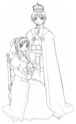 Rule 34 | 1boy, 2girls, baby, cape, cornet espoir, crown, dress, family, father and daughter, ferdinand marl e, greyscale, highres, little princess, long hair, marl kingdom, monochrome, monochrome, mother and daughter, multiple girls, nippon ichi, official art, princess kururu, puppet princess (marl kingdom), ryoji (nomura ryouji), sitting, sketch, smile