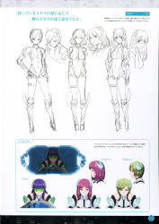 Rule 34 | 3d, 3girls, :o, absurdres, armor, arms behind back, bare shoulders, bent over, blue hair, blunt bangs, boots, breasts, breasts apart, character sheet, christin gillum, cockpit, concept art, covered navel, deva battle suit, elbow gloves, expressionless, from side, full body, gloves, green-tinted eyewear, green-tinted glasses, green eyes, green hair, halterneck, hand on own hip, headgear, high heel boots, high heels, highleg, highleg leotard, highres, hilde thorwald, impossible clothes, impossible leotard, knee boots, large breasts, leotard, light smile, long hair, looking at viewer, looking to the side, monochrome, multiple girls, multiple views, official art, open mouth, page number, parted bangs, parted lips, portrait, profile, purple eyes, purple hair, rakuen tsuihou, saitou masatsugu, scan, short hair, simple background, sketch, small breasts, smile, standing, sweatdrop, swept bangs, thighlet, tinted eyewear, translation request, turtleneck, veronica kulikova, visor, white background