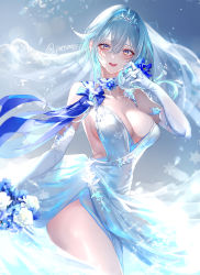 Rule 34 | 1girl, :d, absurdres, alternate costume, asymmetrical hair, bare shoulders, blue hair, bouquet, breasts, bridal veil, cleavage, commentary request, crying, crying with eyes open, dress, elbow gloves, eula (genshin impact), flower, genshin impact, gloves, gradient eyes, grey background, highres, holding, holding bouquet, large breasts, looking at viewer, medium hair, multicolored eyes, open mouth, pottsness, purple eyes, sidelocks, sleeveless, sleeveless dress, smile, snowflakes, solo, tears, thighs, tiara, twitter username, veil, wedding dress, white dress, white flower, white gloves