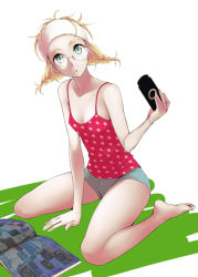 Rule 34 | 1girl, barefoot, blonde hair, camisole, glasses, green eyes, handheld game console, original, playstation portable, solo, twintails, yurikawa