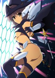Rule 34 | 1girl, alternate costume, ass, bare shoulders, boots, breasts, brown eyes, brown thighhighs, cloak, commentary, covered erect nipples, covered navel, elbow gloves, from side, gloves, glowing, haruhisky, highres, holding, holding wand, looking at viewer, nagato yuki, navel, night, purple hair, short hair, sky, small breasts, solo, suzumiya haruhi no yuuutsu, tagme, thighhighs, thighhighs under boots, underboob, wand