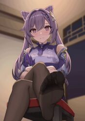 1girl animated animated_gif blush crossed_legs feet genshin_impact keqing_(genshin_impact) long_hair looking_at_viewer open_mouth pantyhose pov purple_eyes purple_hair sajina sitting soles steam toes twintails