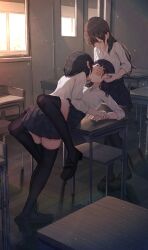 Rule 34 | absurdres, benevole, black footwear, black hair, black thighhighs, blue skirt, blush, brown hair, chair, closed eyes, collared shirt, commentary request, covering another&#039;s eyes, desk, french kiss, highres, indoors, kiss, light particles, loafers, long hair, midriff peek, open mouth, original, pleated skirt, saliva, school, school chair, school desk, school uniform, shirt, shoes, short hair, skirt, sleeves past elbows, thighhighs, white shirt, yuri, zettai ryouiki