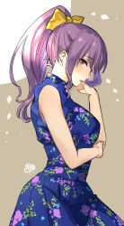 Rule 34 | 1girl, bare arms, blue dress, bow, dress, floral print, from side, grey background, hair between eyes, hair bow, high ponytail, highres, ibuki imina, long hair, momoyama hinase, parted lips, pleated dress, print dress, purple hair, school girl strikers, sleeveless, sleeveless dress, solo, standing, yellow bow, yellow eyes