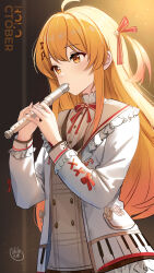 1girl ahoge blonde_hair brown_dress brown_eyes brown_sailor_collar commentary dreadpunk dress english_commentary flute fortissimo frilled_jacket frills hair_ornament highres holding holding_flute holding_instrument hololive hololive_dev_is instrument jacket long_hair long_sleeves music musical_note musical_note_hair_ornament neck_ribbon one_side_up otonose_kanade otonose_kanade_(1st_costume) piano_print plaid_clothes plaid_dress playing_instrument recorder red_ribbon ribbon sailor_collar shirt signature solo virtual_youtuber white_jacket white_shirt