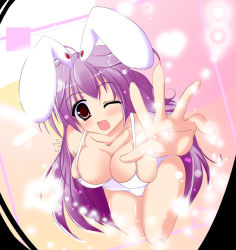 Rule 34 | 1girl, animal ears, breasts, casual one-piece swimsuit, female focus, kiki (koikuchikinako), kiki (pixiv), long hair, one-piece swimsuit, one eye closed, outstretched arm, outstretched hand, purple hair, rabbit ears, reaching, red eyes, reisen udongein inaba, solo, swimsuit, touhou, wink