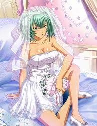 Rule 34 | 1girl, :o, alternate costume, arm support, bare arms, bouquet, breasts, bridal veil, cleavage, collarbone, dress, flower, green hair, hair between eyes, high heels, holding, holding bouquet, ikkitousen, indoors, large breasts, long hair, looking at viewer, on bed, open mouth, pumps, ryofu housen, shiny skin, short dress, sitting, solo, strapless, strapless dress, veil, wedding dress, white dress, white flower, white footwear, yellow eyes