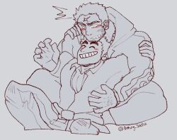 Rule 34 | 2boys, ^ ^, arm hair, bara, blush, chin rest, clenched teeth, closed eyes, clothes around waist, couple, cropped legs, cross scar, crossed legs, envysoda, facial hair, goatee stubble, grin, hands on another&#039;s shoulders, head on head, head rest, houzouin oniwaka, jacket, jacket around waist, long sideburns, looking at another, male focus, mature male, multiple boys, muscular, muscular male, open hands, pectoral cleavage, pectorals, protagonist 3 (housamo), scar, scar on face, scar on forehead, short hair, sideburns, sideburns stubble, sitting, smile, spot color, stubble, surprised, teeth, thick eyebrows, tokyo houkago summoners, yaoi