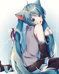 Rule 34 | 1girl, ahoge, animal ears, aqua eyes, aqua hair, aqua nails, aqua necktie, bare shoulders, black skirt, black sleeves, black thighhighs, blouse, cat ears, cat girl, cat tail, commentary, detached sleeves, from side, grey shirt, hatsune miku, head tilt, highres, long hair, looking at viewer, looking to the side, manya sora, nail polish, necktie, open mouth, paw pose, ribbon, shirt, sitting, skirt, sleeveless, sleeveless shirt, solo, tail, tail ornament, tail ribbon, thighhighs, twintails, very long hair, vocaloid, zettai ryouiki