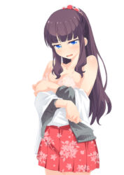 Rule 34 | 10s, 1girl, akage, bad id, bad pixiv id, bare shoulders, blue eyes, blush, bra, brown hair, cardigan, cherry print, floral print, food print, fruit print, hair ornament, hair scrunchie, long hair, looking at viewer, new game!, open cardigan, open clothes, open mouth, pink bra, ponytail, print skirt, red skirt, scrunchie, simple background, skirt, solo, takimoto hifumi, underwear, undressing, white background