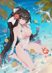 Rule 34 | 1girl, animal ears, azur lane, backless outfit, bad id, bad pixiv id, beach, black hair, breasts, brown eyes, cleavage, cleavage cutout, closed mouth, clothing cutout, collarbone, commentary request, day, dog ears, flower, hair flower, hair ornament, hair ribbon, halterneck, head tilt, large breasts, long hair, looking at viewer, navel, one-piece swimsuit, outdoors, palm leaf, parfait, ribbon, sand, sitting, smile, solo, swimsuit, takao (azur lane), takao (beach rhapsody) (azur lane), very long hair, wariza, water, white ribbon, white one-piece swimsuit, woc (2072878058)