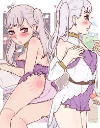 Rule 34 | 1boy, 1girl, ass, bare legs, bed, black clover, blush, border, breasts, breasts out, censored, choker, clothes lift, collar, covered erect nipples, dress, dress lift, earrings, handjob, handprint, hetero, jewelry, long hair, medium breasts, miniskirt, nipples, no bra, noelle silva, panties, penis, penis grab, pongldr, pov, purple eyes, purple hair, self-upload, short dress, simple background, size difference, skirt, skirt lift, small breasts, smile, solo focus, spanked, spanked mark, standing, thighs, twintails, underwear, white border, white hair