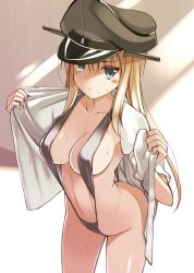Rule 34 | 10s, 1girl, arched back, bikini, bismarck (kancolle), blouse, blue eyes, breasts, cleavage, collarbone, from above, gradient background, grey bikini, hair between eyes, hat, highres, kantai collection, long hair, military hat, navel, o-ring, o-ring bikini, ohta yuichi, open clothes, open mouth, open shirt, shirt, slingshot swimsuit, solo, strap gap, sweat, swimsuit, towel