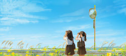 Rule 34 | 2girls, absurdres, bag, binoculars, black hair, black skirt, chinese commentary, commentary request, from behind, highres, holding, holding binoculars, hua ming wink, long hair, multiple girls, original, outdoors, pointy ears, ponytail, reflection, scenery, school bag, school uniform, shirt, skirt, traffic mirror, white shirt
