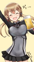 Rule 34 | 1girl, ^ ^, alcohol, anchor hair ornament, arm up, beer, beer mug, black skirt, blonde hair, closed eyes, cowboy shot, cross, cup, dated, closed eyes, hair ornament, iron cross, kantai collection, low twintails, microskirt, military, military uniform, minase (takaoka nanase), mug, open mouth, pleated skirt, prinz eugen (kancolle), simple background, skirt, solo, twintails, twitter username, uniform, yellow background