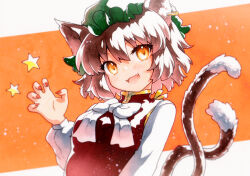 Rule 34 | 1girl, :d, animal ears, bow, bowtie, brown hair, cat ears, cat girl, cat tail, chen, claw pose, commentary request, earrings, fang, green hat, hand up, hat, highres, jewelry, long sleeves, looking at viewer, medium hair, mob cap, multiple tails, open mouth, orange eyes, qqqrinkappp, red nails, red vest, shirt, skin fang, smile, solo, star (symbol), tail, touhou, traditional media, two tails, upper body, vest, white bow, white bowtie, white shirt