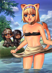 Rule 34 | 00s, 1girl, androgynous, animal ears, bandeau, blonde hair, blue eyes, cat ears, cat tail, choker, clothes lift, covered erect nipples, day, fangs, final fantasy, final fantasy xi, flat chest, hairband, mithra (ff11), ninja, ninja (final fantasy), outdoors, panties, short hair, skirt, skirt lift, strapless, tail, tarutaru, tube top, underwear, water, white panties, wrist cuffs
