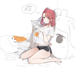 Rule 34 | 1girl, absurdres, asymmetrical bangs, asymmetrical hair, bare legs, barefoot, black shorts, blush, body pillow, book, book stack, breasts, crop top, crop top overhang, dickbomber, dolphin shorts, full body, gm orangeade, hair bobbles, hair ornament, highres, holding, holding book, korean commentary, korean text, large breasts, last origin, looking at viewer, medium hair, midriff, navel, orangeade (last origin), parted lips, pillow, red eyes, red hair, shirt, short shorts, short sleeves, shorts, side ponytail, simple background, sitting, smile, solo, speech bubble, t-shirt, thighs, wariza, white background, white shirt