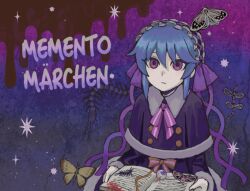 Rule 34 | blue hair, book, bug, centipede, copyright name, dress, eyeball, hair ribbon, holding, holding book, insect, looking at viewer, memento marchen, moth, multicolored hair, open book, purple dress, ribbon, rusha (memento marchen), serious, short hair, sparkle, wakaba