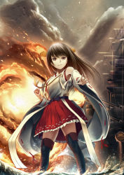 Rule 34 | 10s, 1girl, aircraft, airplane, bare shoulders, battle, battleship, black hair, black thighhighs, blouse, breasts, cannon, cloud, detached sleeves, explosion, hair ornament, hairband, hairclip, haruna (battleship), haruna (kancolle), highres, historical name connection, imperial japanese navy, japanese clothes, kantai collection, long hair, military, military vehicle, name connection, nontraditional miko, object namesake, ocean, oki (koi0koi), personification, radar, ship, shirt, skirt, smoke, solo, thighhighs, turret, warship, water, watercraft, world war ii