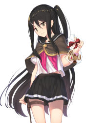 Rule 34 | 1girl, bag, black hair, black sailor collar, black skirt, brown capelet, brown eyes, capelet, commentary request, cookie, cowboy shot, food, gift, gift bag, hair between eyes, heart, holding, holding bag, holding gift, kamome yuu, long hair, neckerchief, original, pink neckerchief, pleated skirt, sailor collar, shirt, short sleeves, side ponytail, sidelocks, simple background, skirt, solo, thigh strap, very long hair, white background, white shirt