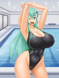 Rule 34 | 1girl, armpits, arms up, breasts, competition swimsuit, covered erect nipples, green eyes, green hair, huge breasts, kantai collection, kawanuma uotsuri, long hair, one-piece swimsuit, one eye closed, pool, smile, solo, suzuya (kancolle), swimsuit, very long hair, water
