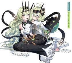 Rule 34 | 2girls, absurdres, ahoge, artist name, bare shoulders, barefoot, black dress, black gloves, closed mouth, coat, crown, dress, eyepatch, full body, gloves, green eyes, green hair, highres, honkai (series), honkai impact 3rd, klein (honkai impact), lab coat, long hair, looking at viewer, meuwzza (me zwa), mobius (honkai impact), multiple girls, on floor, shadow, simple background, sitting, toes, tongue, tongue out, wavy hair, white background, white coat