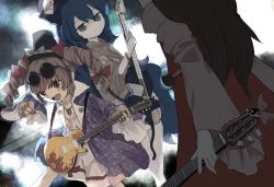 Rule 34 | 3girls, black headwear, blue eyes, blue hair, bow, cat tail, commentary request, detached sleeves, drill hair, electric guitar, eyewear on head, fake tail, flame print, guitar, hakurei reimu, hat, hat bow, highres, holding, holding instrument, instrument, jewelry, long hair, long sleeves, looking at another, multiple girls, orange eyes, orange hair, ring, siblings, sisters, sunglasses, tail, touhou, twin drills, very long hair, white bow, yamame jinja, yorigami jo&#039;on, yorigami shion