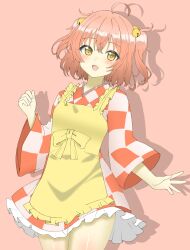 Rule 34 | 1girl, apron, bare legs, bell, blonde hair, braid, checkered clothes, checkered dress, dress, frilled skirt, frills, hair bell, hair ornament, highres, long sleeves, looking at viewer, medium hair, motoori kosuzu, one-hour drawing challenge, open mouth, orange dress, red hair, shirokumall, skirt, smile, solo, touhou, twin braids, white dress, wide sleeves, yellow apron, yellow eyes